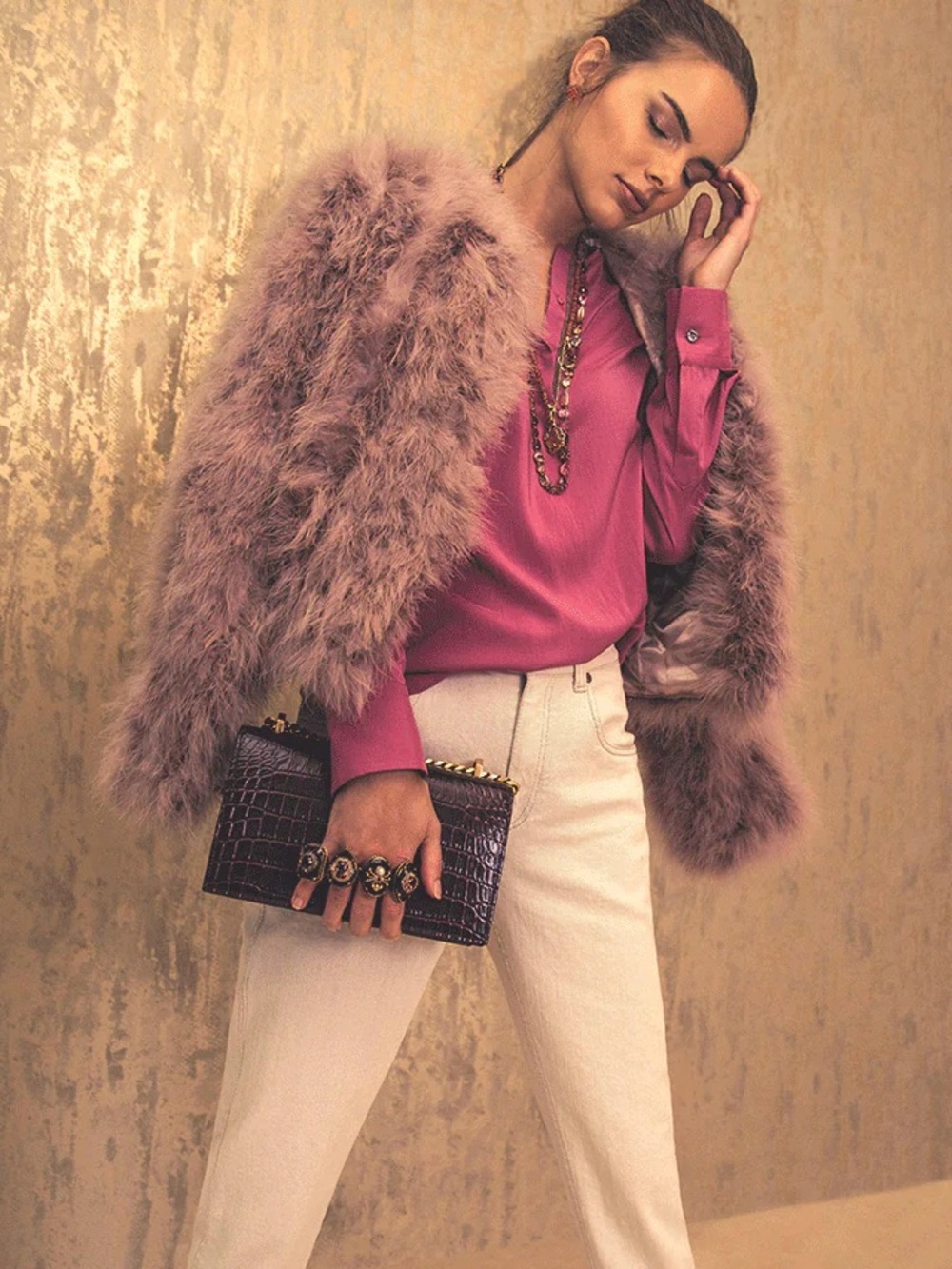 Lamarque Deora Feather Jacket Dusty Rose Cropped Statement Coat Large EUC